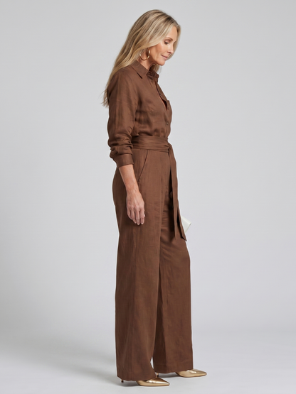 Iris - Chique Wijde Linnen Jumpsuit Dames met Strikceintuur en Lange Mouwen