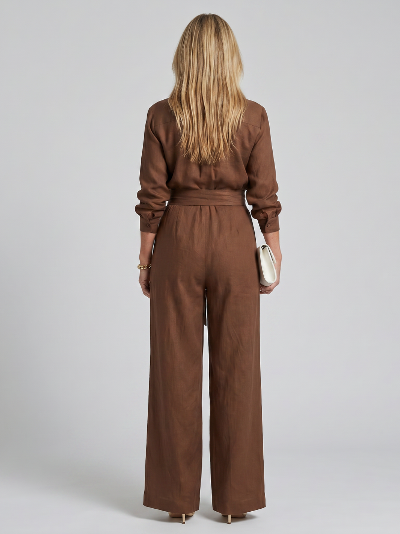 Iris - Chique Wijde Linnen Jumpsuit Dames met Strikceintuur en Lange Mouwen