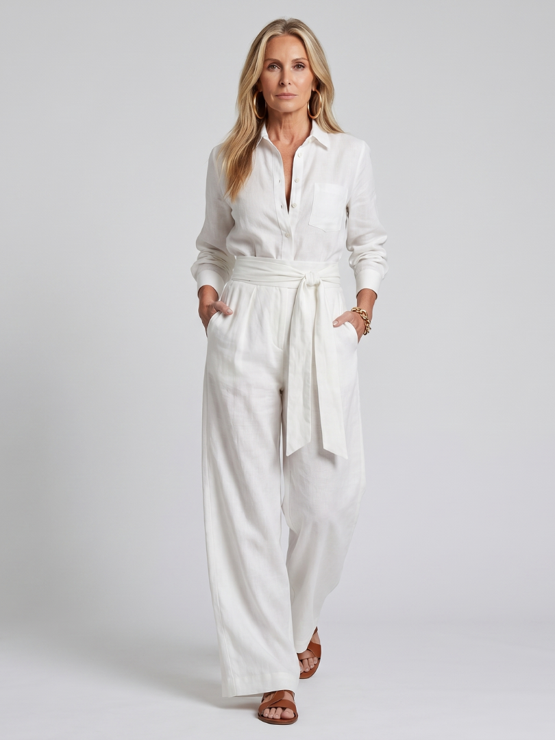 Iris - Chique Wijde Linnen Jumpsuit Dames met Strikceintuur en Lange Mouwen