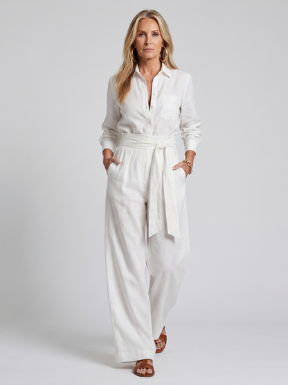 Iris - Chique Wijde Linnen Jumpsuit Dames met Strikceintuur en Lange Mouwen
