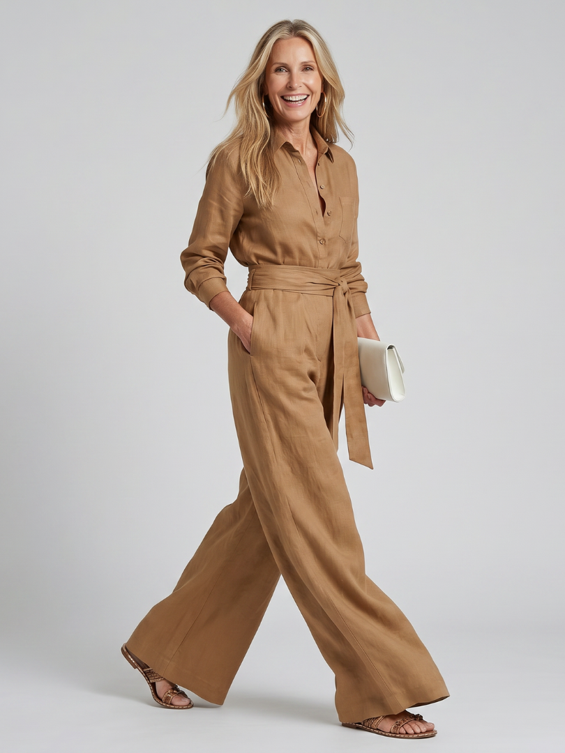 Iris - Chique Wijde Linnen Jumpsuit Dames met Strikceintuur en Lange Mouwen