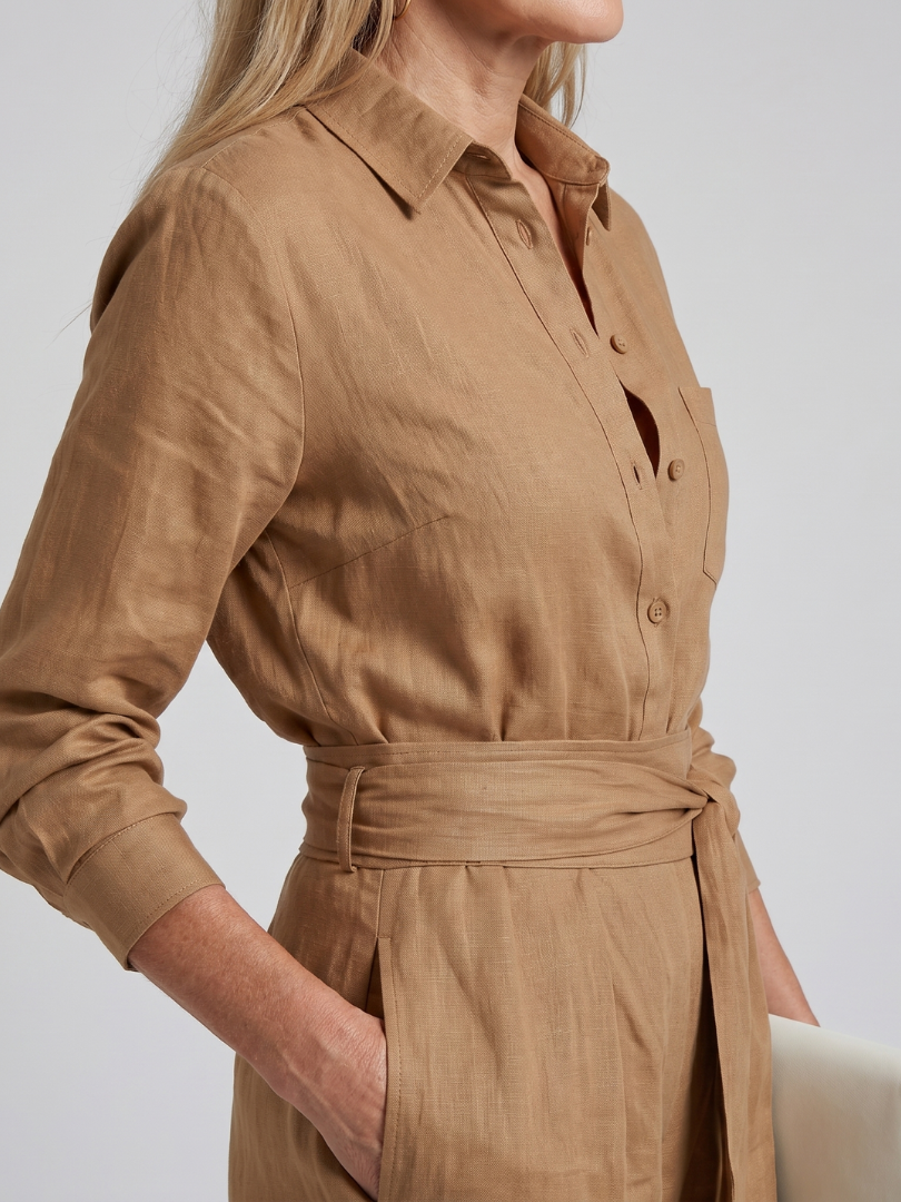 Iris - Chique Wijde Linnen Jumpsuit Dames met Strikceintuur en Lange Mouwen