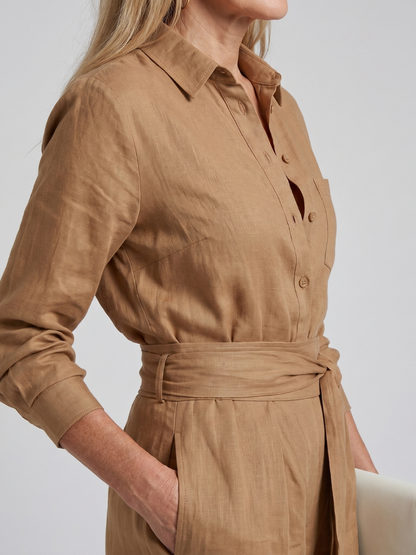 Iris - Chique Wijde Linnen Jumpsuit Dames met Strikceintuur en Lange Mouwen