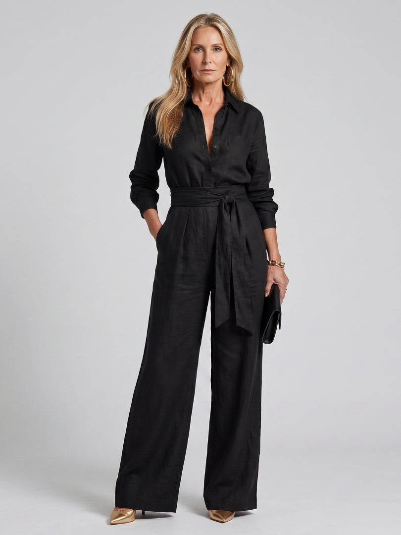 Iris - Chique Wijde Linnen Jumpsuit Dames met Strikceintuur en Lange Mouwen