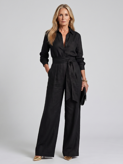Iris - Chique Wijde Linnen Jumpsuit Dames met Strikceintuur en Lange Mouwen