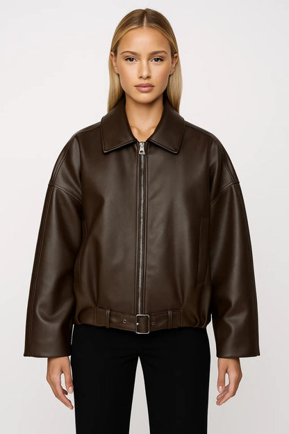Iris - Dames Jas Leren Stijl Oversized voor de Herfst met Ritssluiting