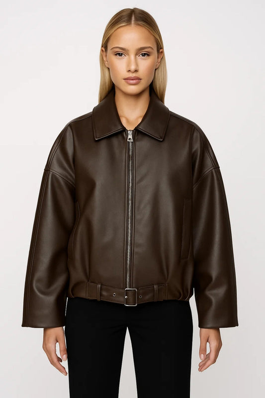 Iris - Dames Jas Leren Stijl Oversized voor de Herfst met Ritssluiting