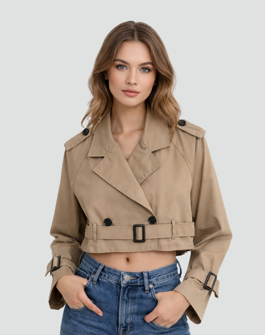 Iris - Dames Trenchcoat Kort met Ceintuur en Dubbele Knoopsluiting