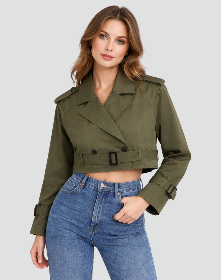 Iris - Dames Trenchcoat Kort met Ceintuur en Dubbele Knoopsluiting