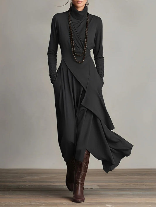 Iris - Maxi jurk dames lang met lange mouw en col en asymmetrische zoom