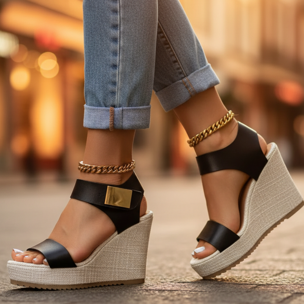 Iris - Orthopedische Sandalen Dames met Sleehak en Gouden Gesp