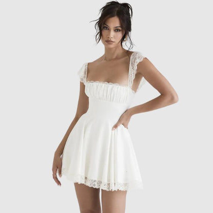 Iris - Romantische Bruiloft Gastenjurk Dames Mini met Kant en Uitlopende Rok