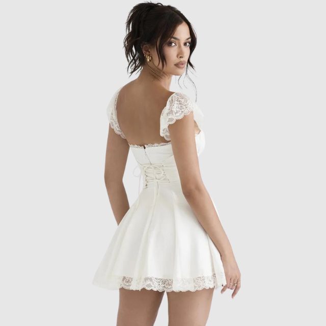 Iris - Romantische Bruiloft Gastenjurk Dames Mini met Kant en Uitlopende Rok