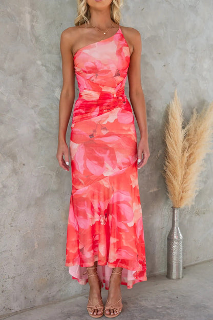 Iris - Romantische Bruiloft Gastenjurk Dames met One-Shoulder en Bloesemprint