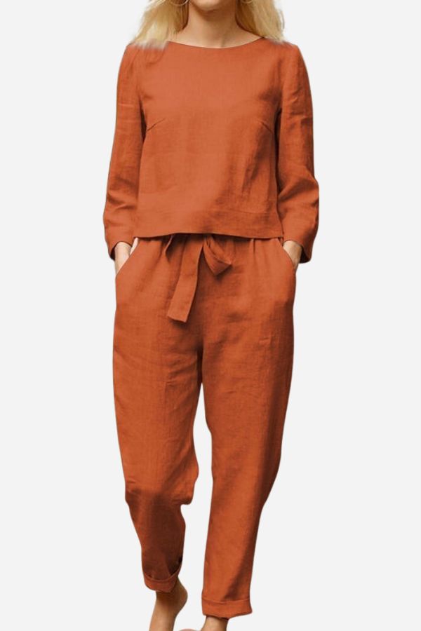 Noor - Stijlvolle Linnen Co-ord Set Dames met Ronde Hals en Strikbroek