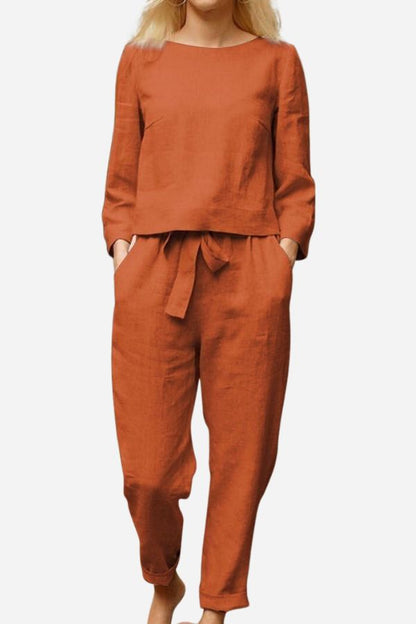 Noor - Stijlvolle Linnen Co-ord Set Dames met Ronde Hals en Strikbroek