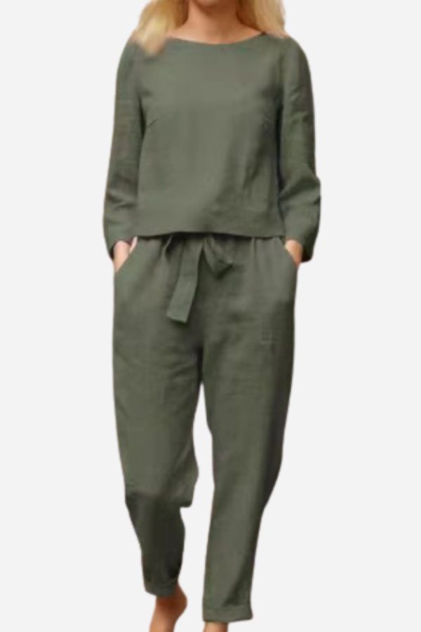 Noor - Stijlvolle Linnen Co-ord Set Dames met Ronde Hals en Strikbroek