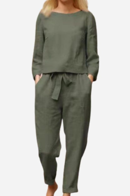 Noor - Stijlvolle Linnen Co-ord Set Dames met Ronde Hals en Strikbroek