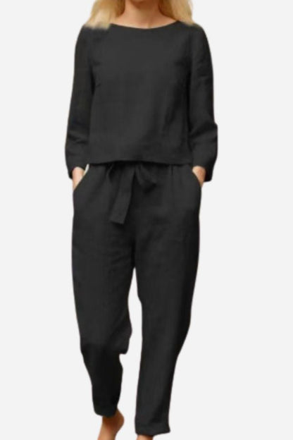 Noor - Stijlvolle Linnen Co-ord Set Dames met Ronde Hals en Strikbroek