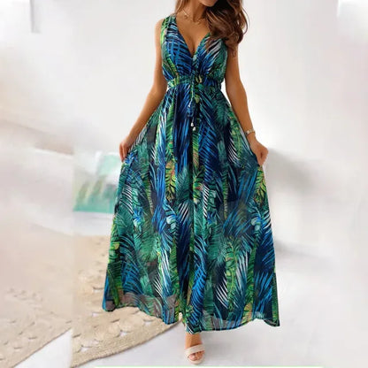 Isa - Boho Bruiloft Gastenjurk Dames met Tropische Print en Diepe V-hals