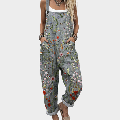Isa - Casual Linnen Jumpsuit Dames met Tuiniersbandjes en Bloemen Veldbloemenprint