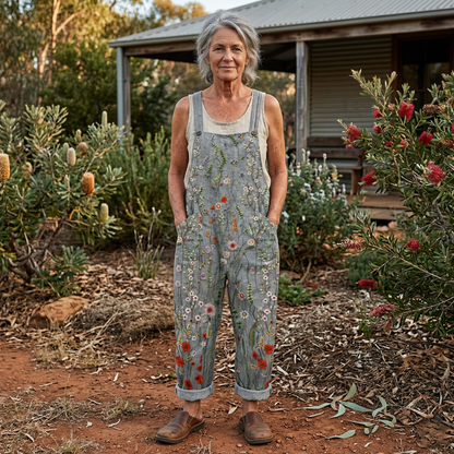 Isa - Casual Linnen Jumpsuit Dames met Tuiniersbandjes en Bloemen Veldbloemenprint