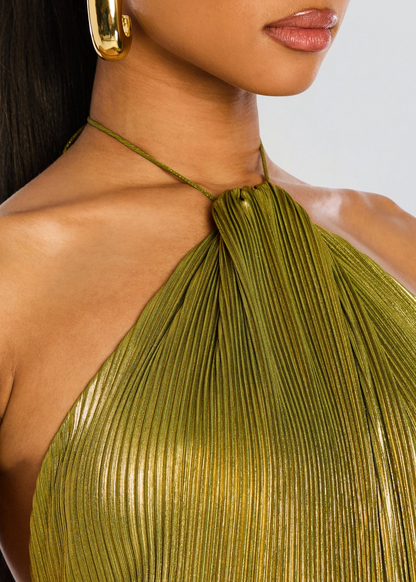 Isa - Feestelijke Bruiloft Gastenjurk Dames met Halterhals en Metallic Glans