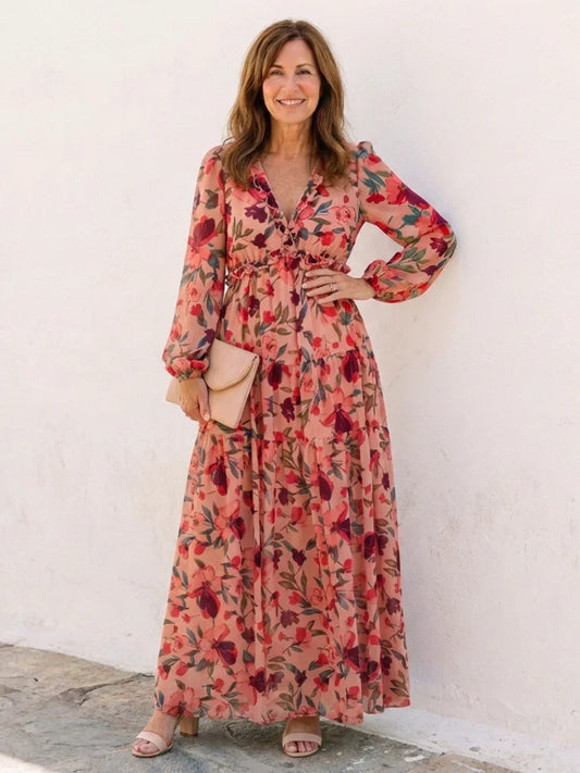 Isa - Romantische Grote Maten Maxi Jurk Dames met Bloemenprint en Lange Mouw