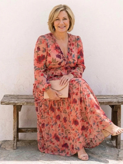 Isa - Romantische Grote Maten Maxi Jurk Dames met Bloemenprint en Lange Mouw