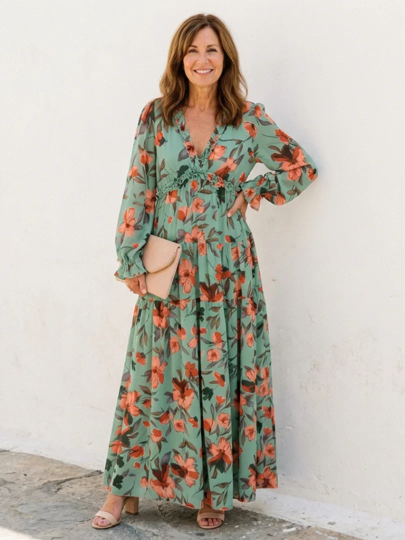 Isa - Romantische Grote Maten Maxi Jurk Dames met Bloemenprint en Lange Mouw