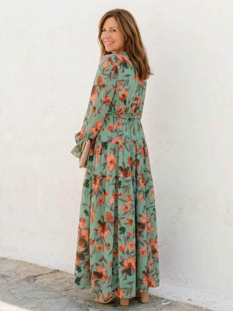 Isa - Romantische Grote Maten Maxi Jurk Dames met Bloemenprint en Lange Mouw