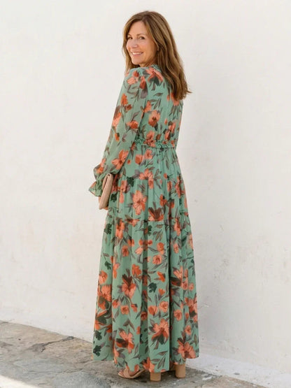 Isa - Romantische Grote Maten Maxi Jurk Dames met Bloemenprint en Lange Mouw