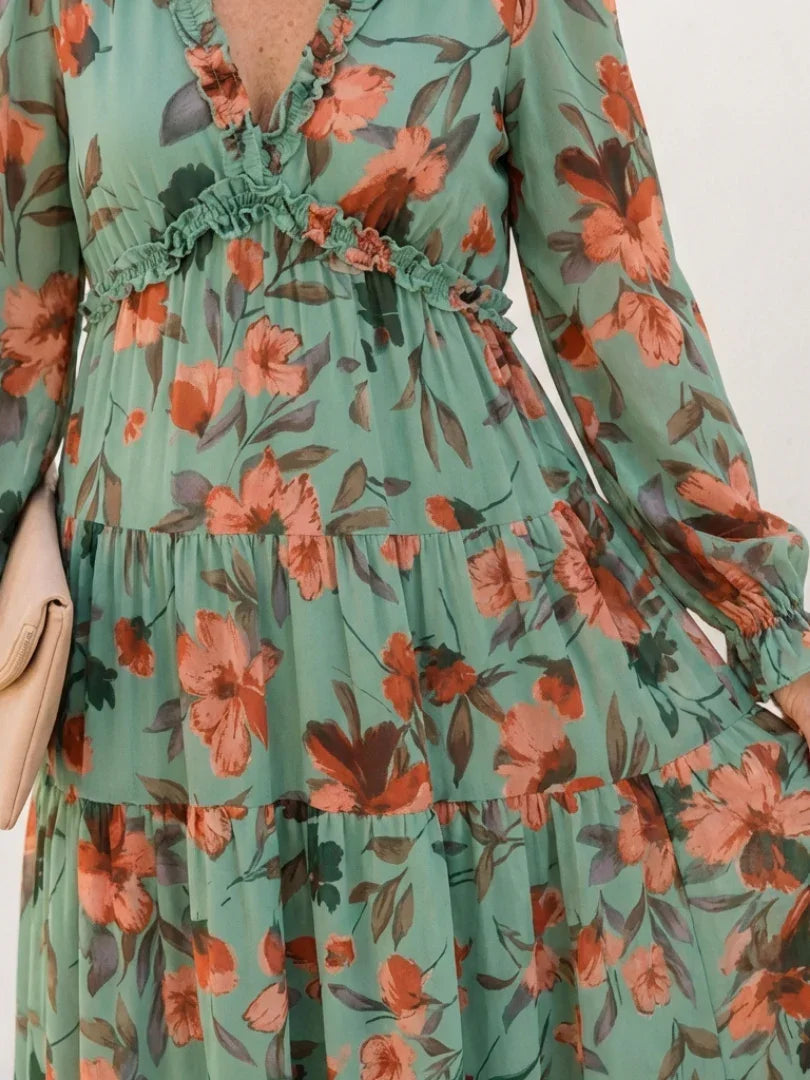 Isa - Romantische Grote Maten Maxi Jurk Dames met Bloemenprint en Lange Mouw