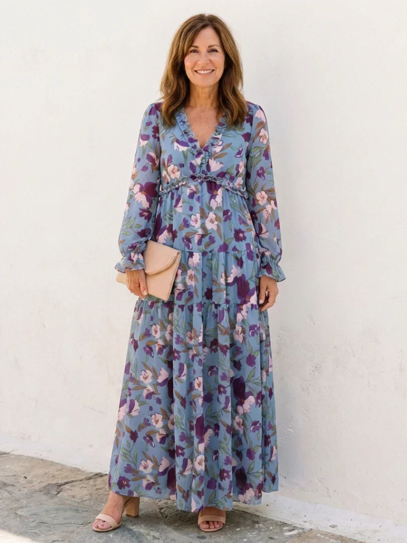 Isa - Romantische Grote Maten Maxi Jurk Dames met Bloemenprint en Lange Mouw
