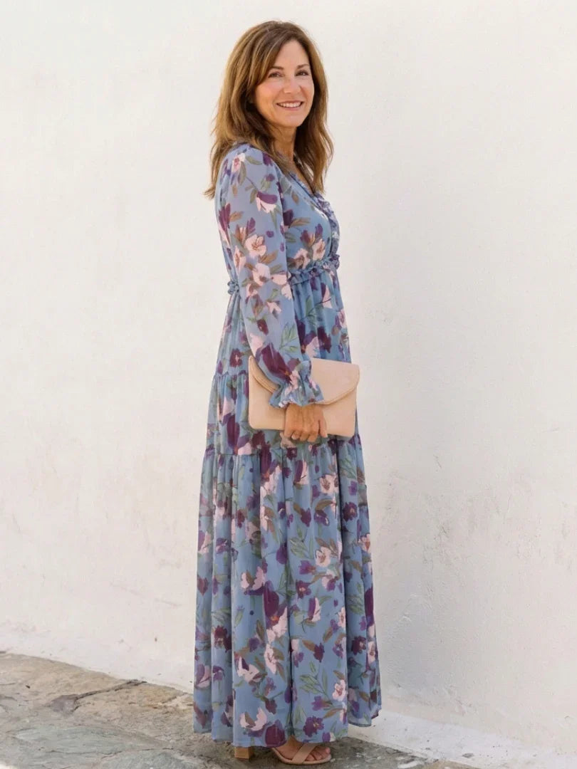 Isa - Romantische Grote Maten Maxi Jurk Dames met Bloemenprint en Lange Mouw