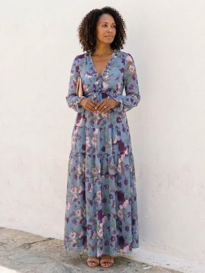Isa - Romantische Grote Maten Maxi Jurk Dames met Bloemenprint en Lange Mouw