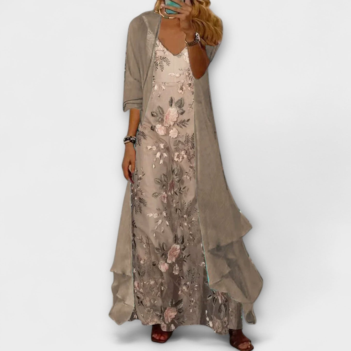 Isa - Romantische Zomerjurk Dames Maxi met Bloemenborduursels en Bijpassende Cardigan