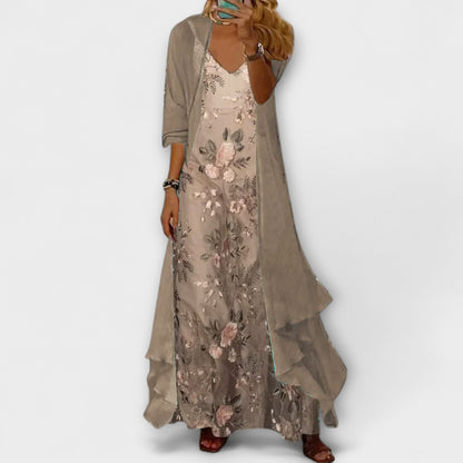 Isa - Romantische Zomerjurk Dames Maxi met Bloemenborduursels en Bijpassende Cardigan