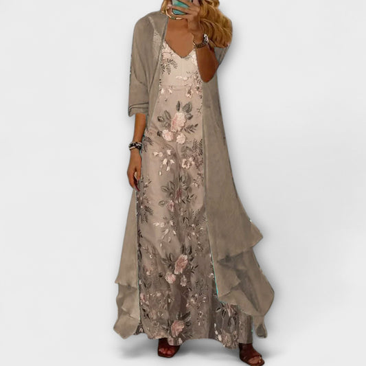 Isa - Romantische Zomerjurk Dames Maxi met Bloemenborduursels en Bijpassende Cardigan