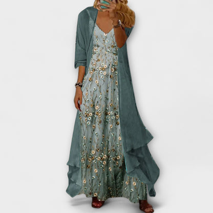 Isa - Romantische Zomerjurk Dames Maxi met Bloemenborduursels en Bijpassende Cardigan