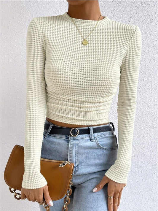 Isa - Dames Longsleeve Gebreide Stijl Cropped met Wafelstructuur