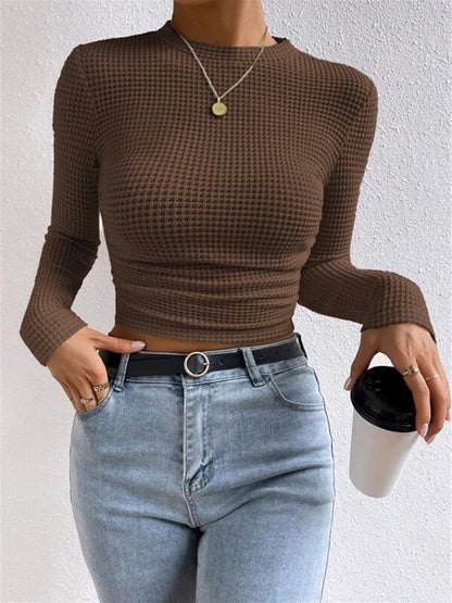Isa - Dames Longsleeve Gebreide Stijl Cropped met Wafelstructuur