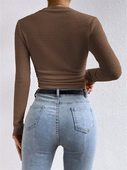 Isa - Dames Longsleeve Gebreide Stijl Cropped met Wafelstructuur