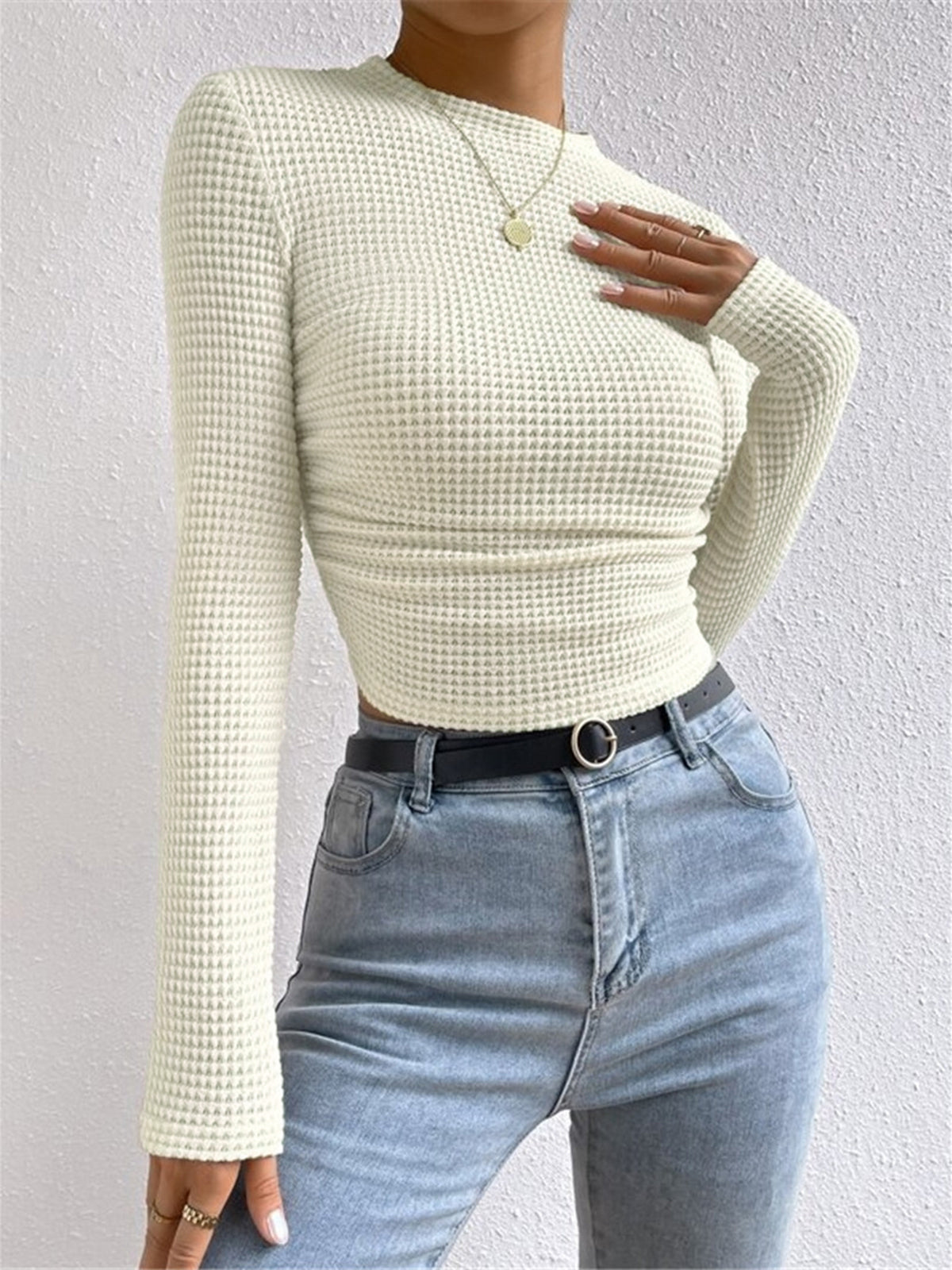 Isa - Dames Longsleeve Gebreide Stijl Cropped met Wafelstructuur