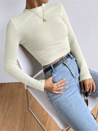 Isa - Dames Longsleeve Gebreide Stijl Cropped met Wafelstructuur