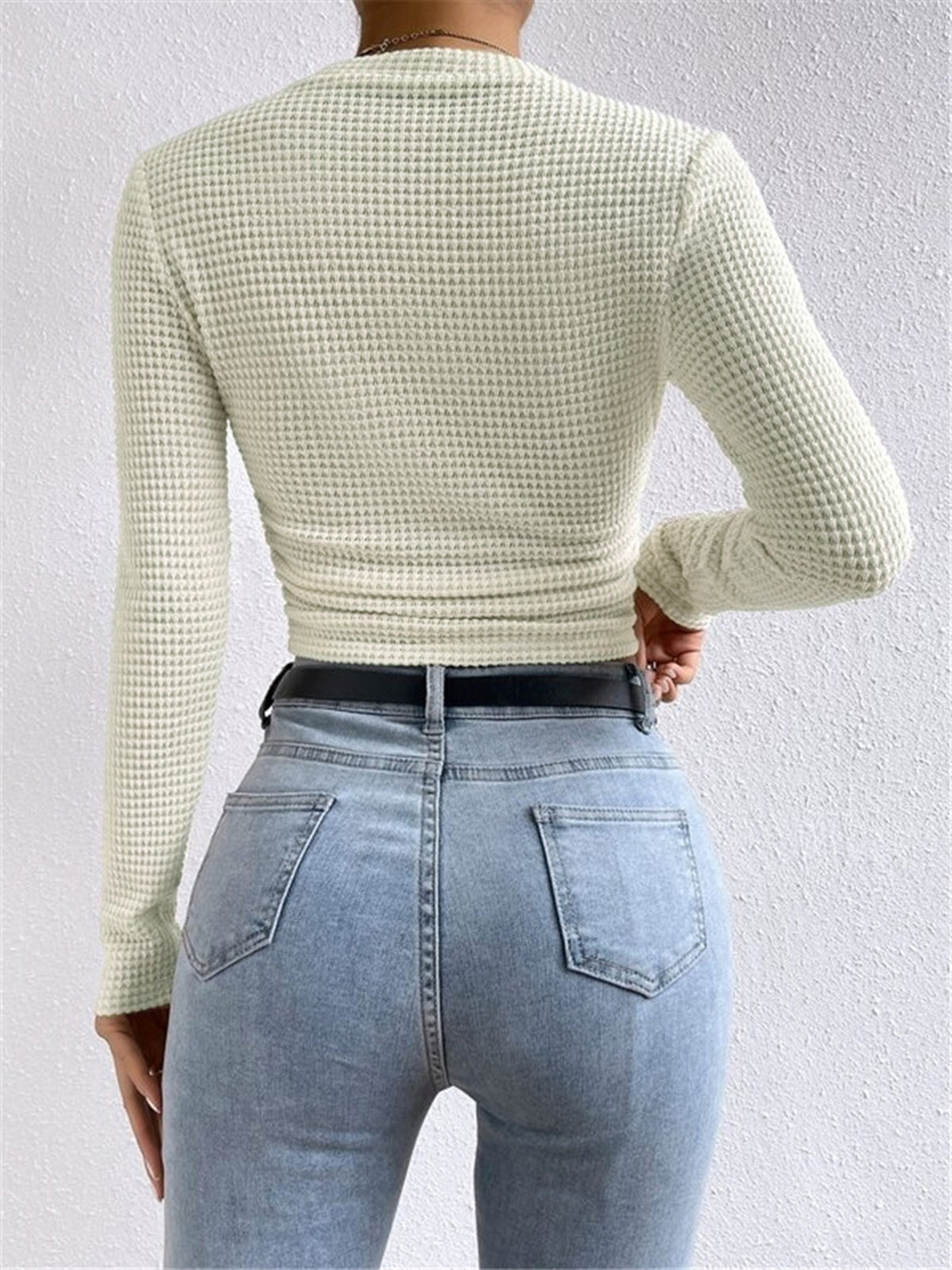 Isa - Dames Longsleeve Gebreide Stijl Cropped met Wafelstructuur