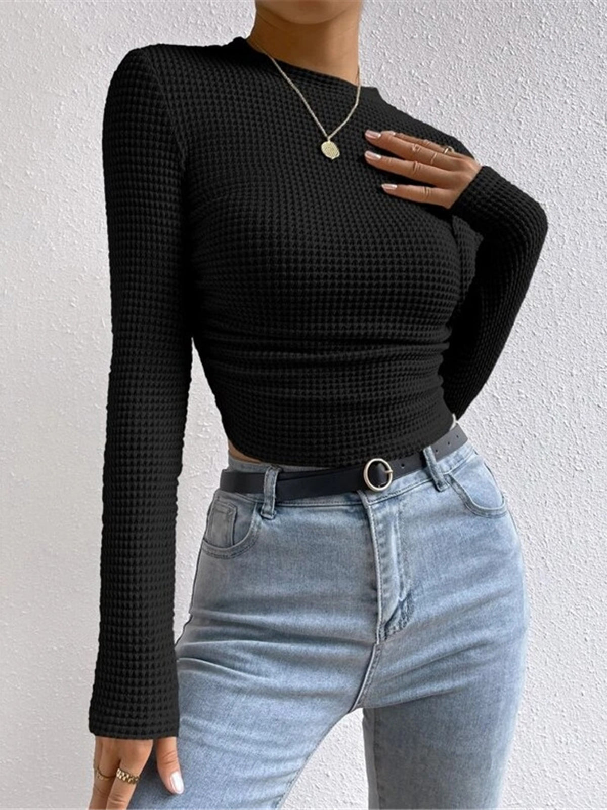 Isa - Dames Longsleeve Gebreide Stijl Cropped met Wafelstructuur