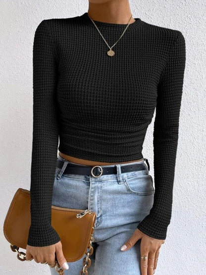 Isa - Dames Longsleeve Gebreide Stijl Cropped met Wafelstructuur
