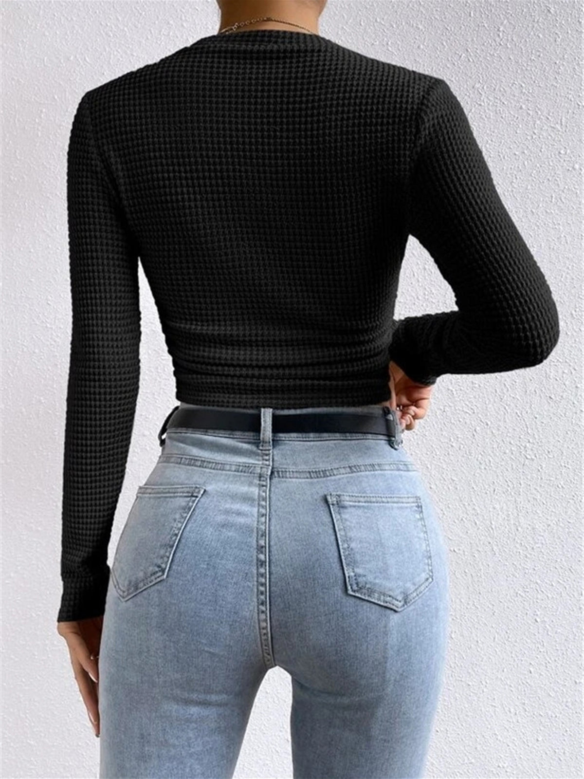 Isa - Dames Longsleeve Gebreide Stijl Cropped met Wafelstructuur