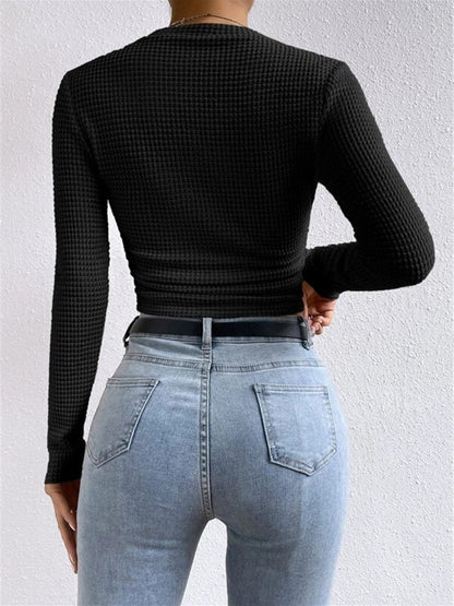 Isa - Dames Longsleeve Gebreide Stijl Cropped met Wafelstructuur